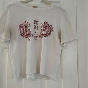 Red Japanese writing with Koi fish small crop top